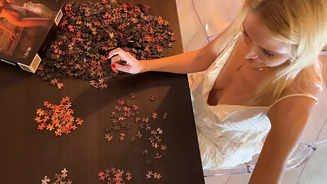 Hot Blonde Big Tits New Horny Wife No Panties No Bra uses Penis and Precum as Puzzle Fixative