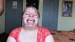 Face-fucked in bondage, hot cum dripping down, her submissive moans filling air