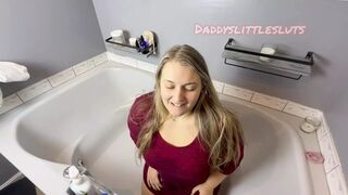 Baby gets soaked in Daddy's peeing and comes hard as cum soaks her face
