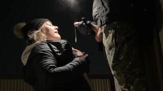 Blowjob at sub-zero temperatures while getting nipple piercings and breast implants