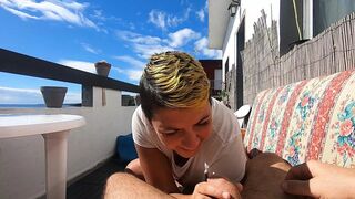 Terrace Blowjob, Swallowing Hard And Fast Outdoors