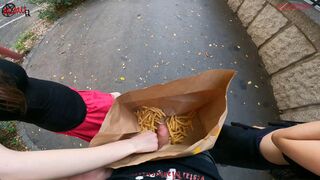 Public Double Handjob Hidden In Fries Bag, Hard射!