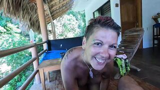 A Juicy Cumshot in Her Wet Mouth on an Outdoor Deck