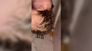 Redhead hot wife blowjob in the shower but