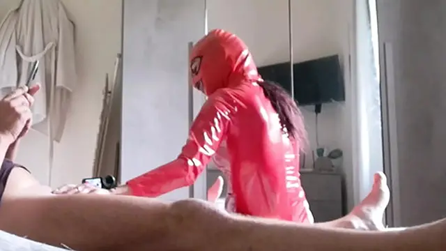 Latex-clad MILF licks and swallows thick creampie