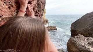Amigo fucked the climber in the mouth and pussy right on the edge of the cliff