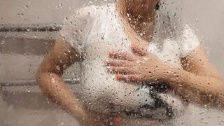 Breathy sweat-soaked tit-tastic tease awaiting a sloppy wet t-shirt licking